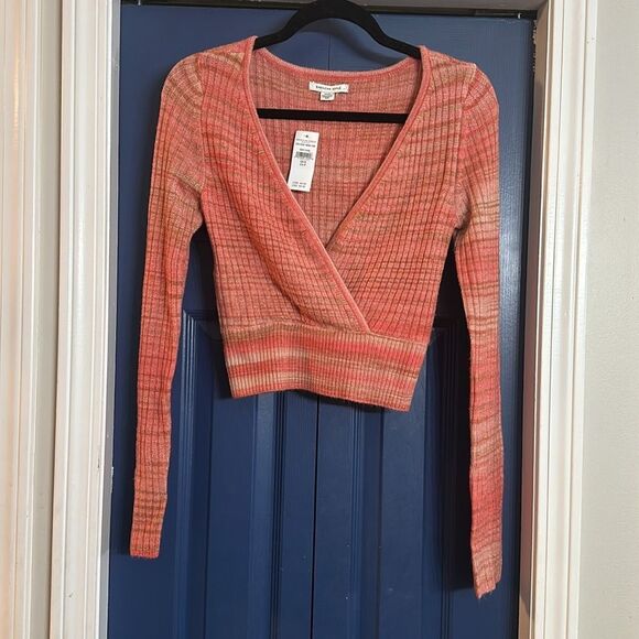 American Eagle Ribbed Wrap Front Striped Cropped Long Sleeve Sweater Size S NWT - Picture 2 of 5